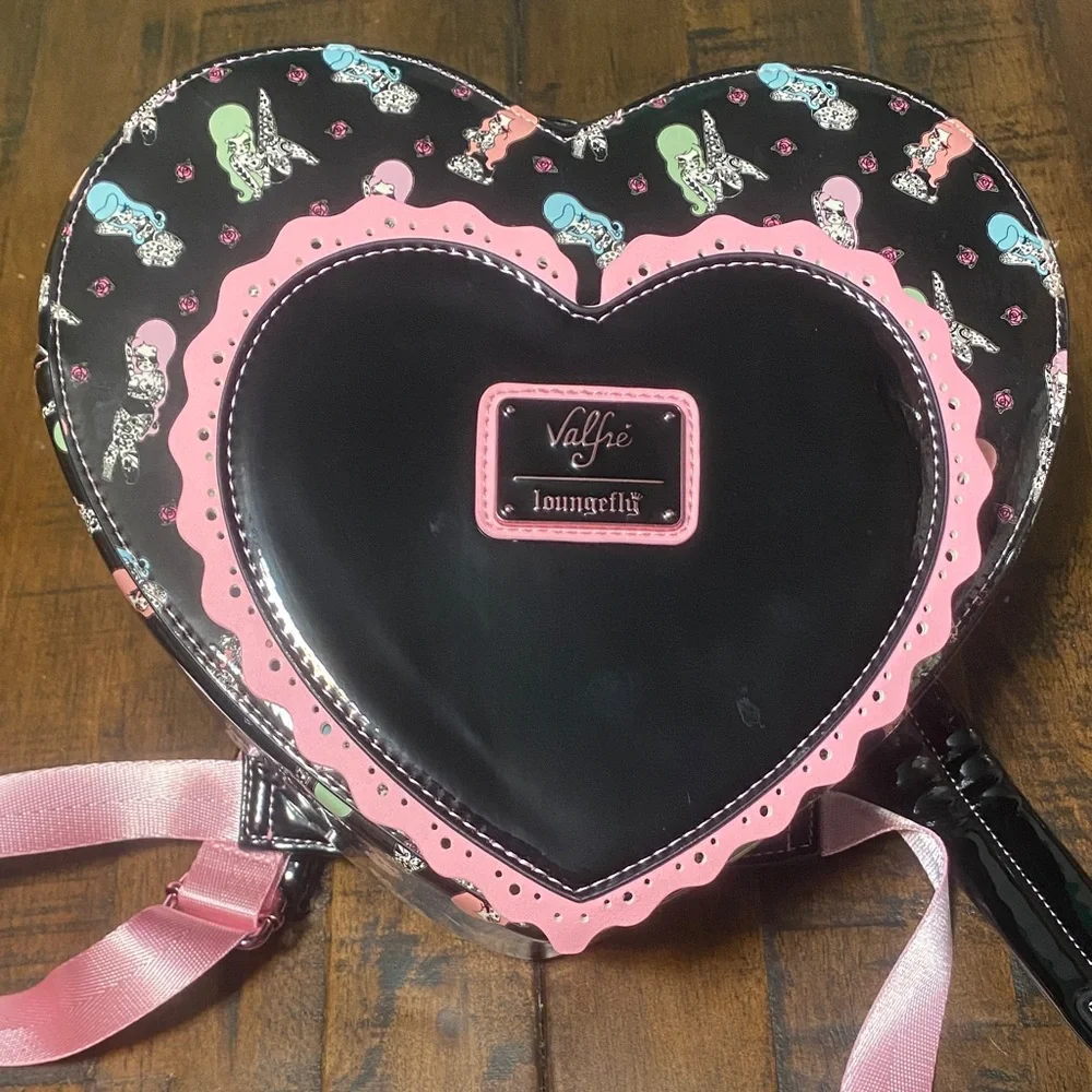 Loungefly Black Heart Backpack w Pink Trim & Multicolor Tattooed Character Print